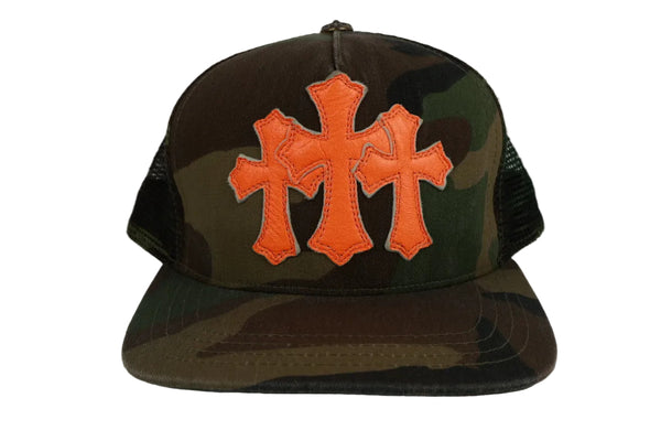 Chrome Hearts Orange Leather Cross Camouflage Trucker Cap
