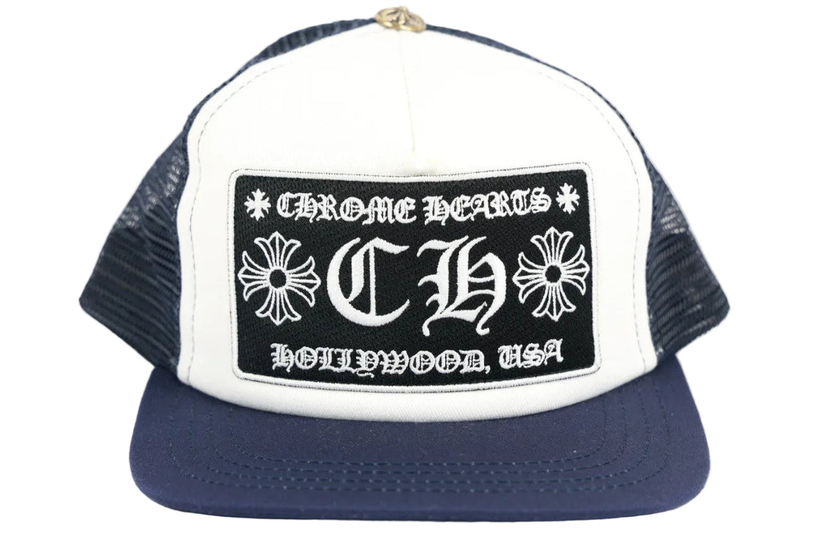 Chrome Hearts CH Holluwood Logo Embroidered Navy Logo Trucker Cap
