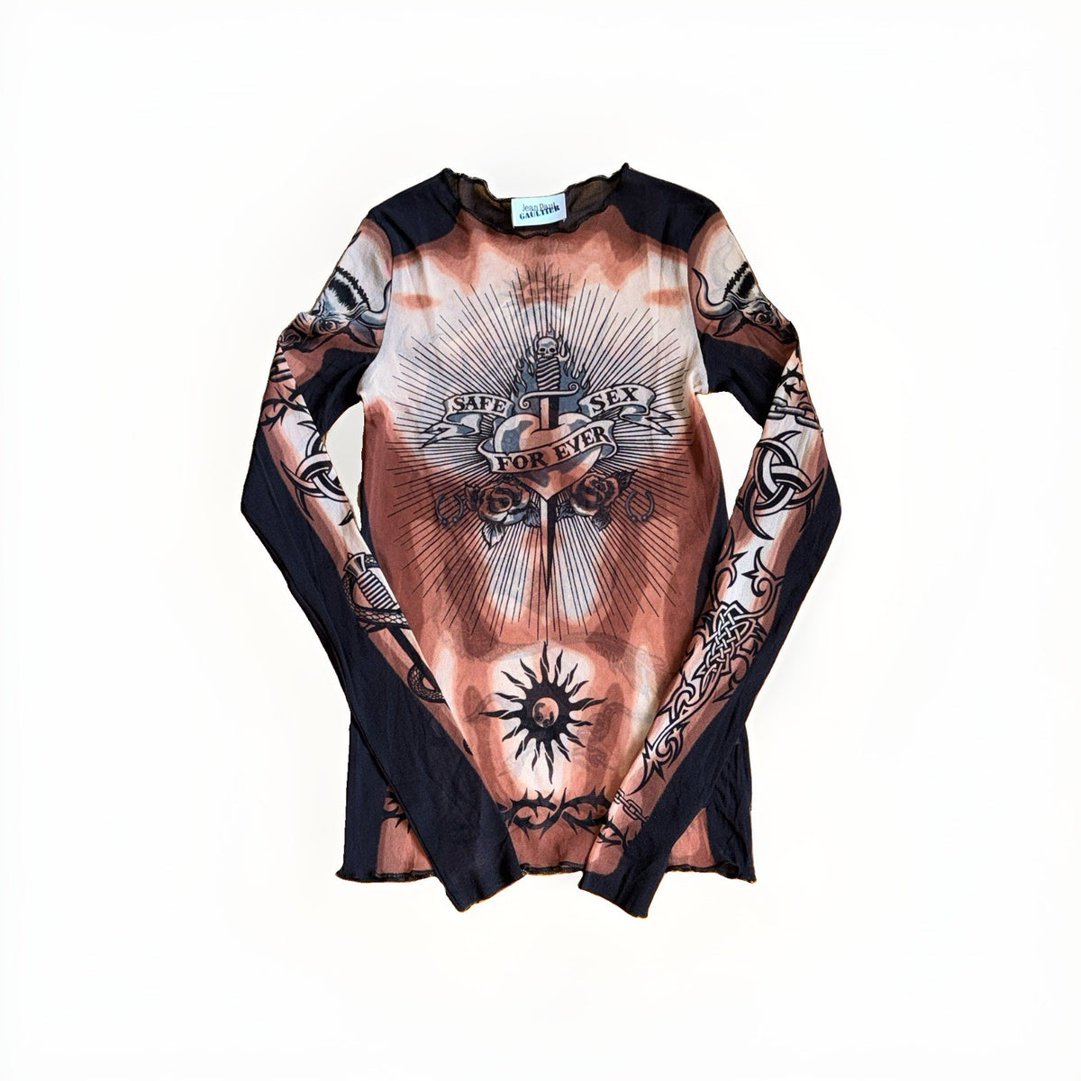 Jean Paul Gaultier Safe S For Ever Tattoo Print Long Sleeve Mesh T-Shirt -S, photo 1
