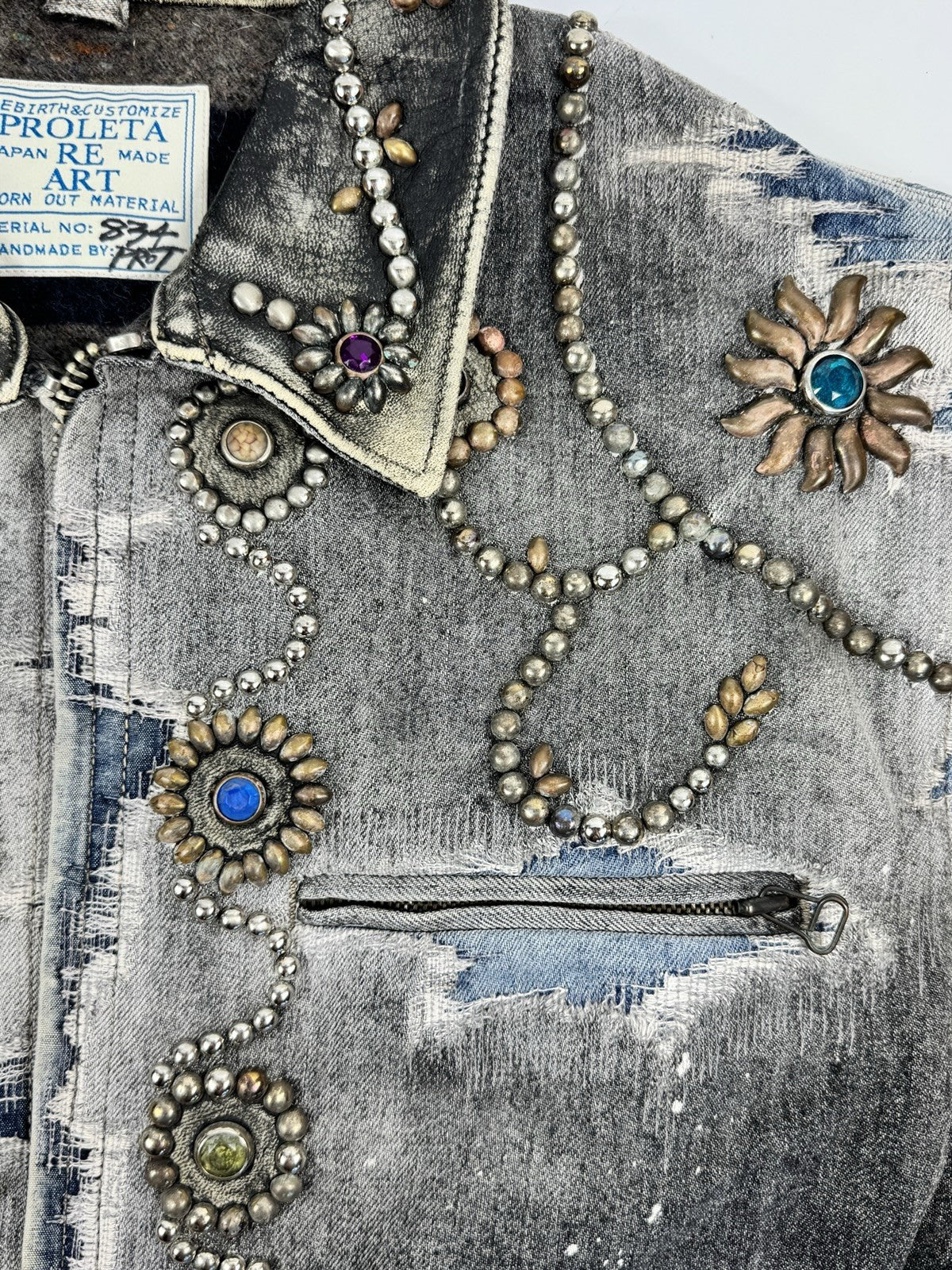 Proleta Re Art Embellished Leather Detail Handmade 1 of 1 Denim Jacket, photo 7