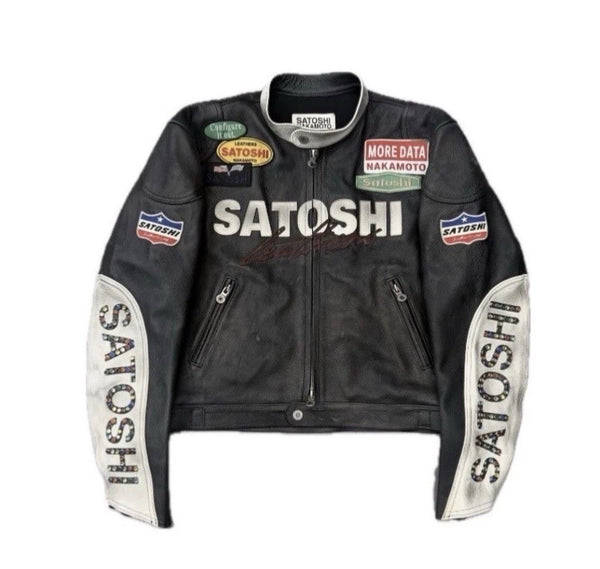 Satoshi Nakamoto Truck Stop Moto Biker Leather Jacket, photo 1