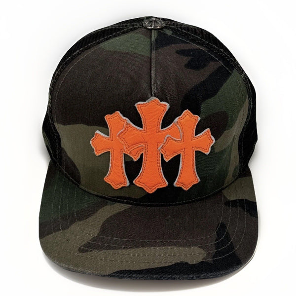 Chrome Hearts Orange Leather Cross Camouflage Trucker Cap, photo 1