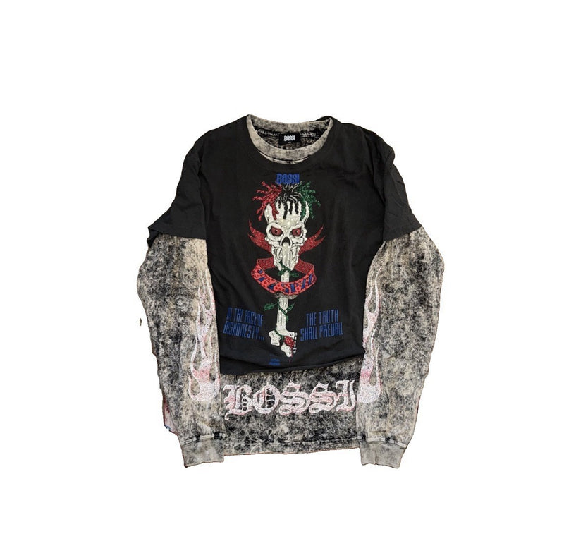 Bossi 1 of 1 Rhinestone Double Layered Skull 24-7 Spyz Vintage T-Shirt, photo 1