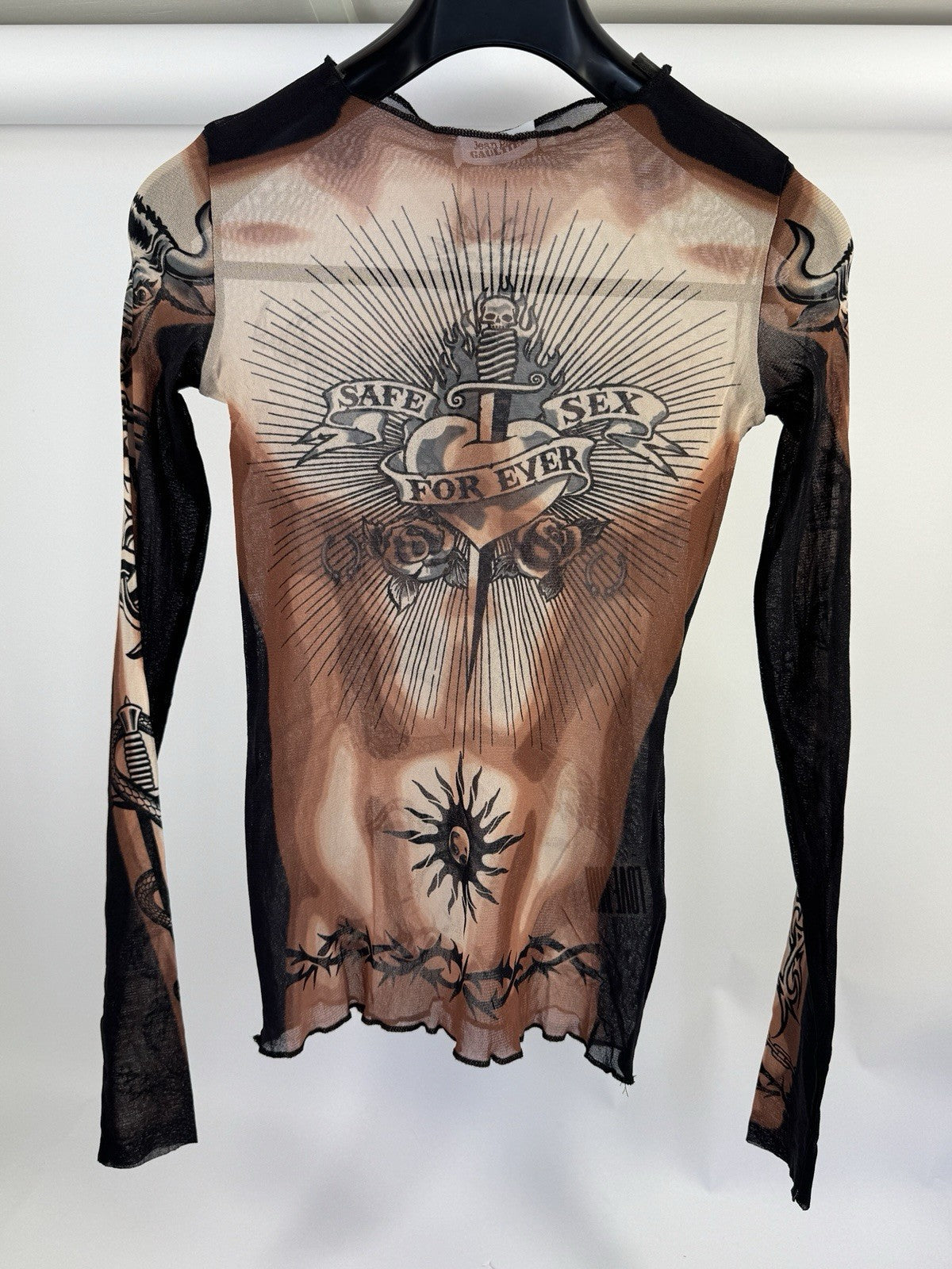 Jean Paul Gaultier Safe S For Ever Tattoo Print Long Sleeve Mesh T-Shirt -S, photo 3