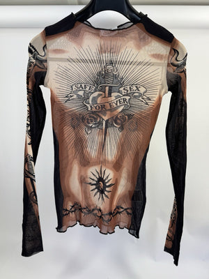 Jean Paul Gaultier Safe S For Ever Tattoo Print Long Sleeve Mesh T-Shirt -S, photo 3