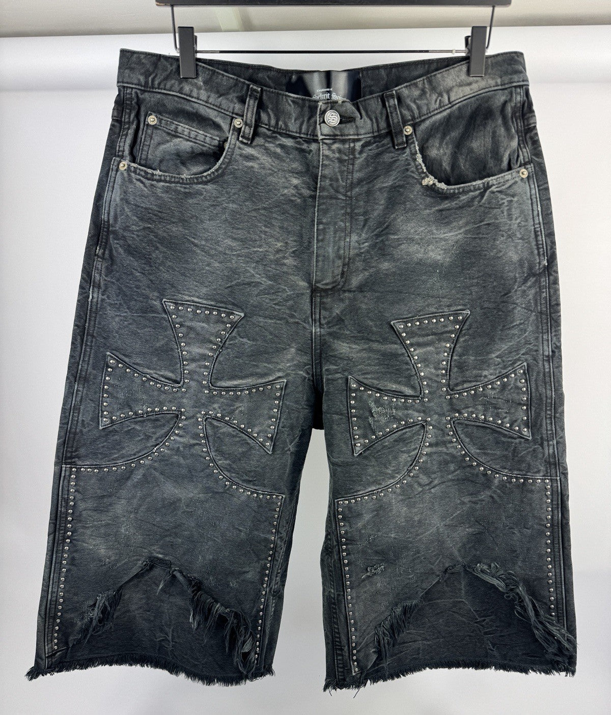 The Sekrit Saint Chopped Studded Distressed Denim Shorts, photo 3