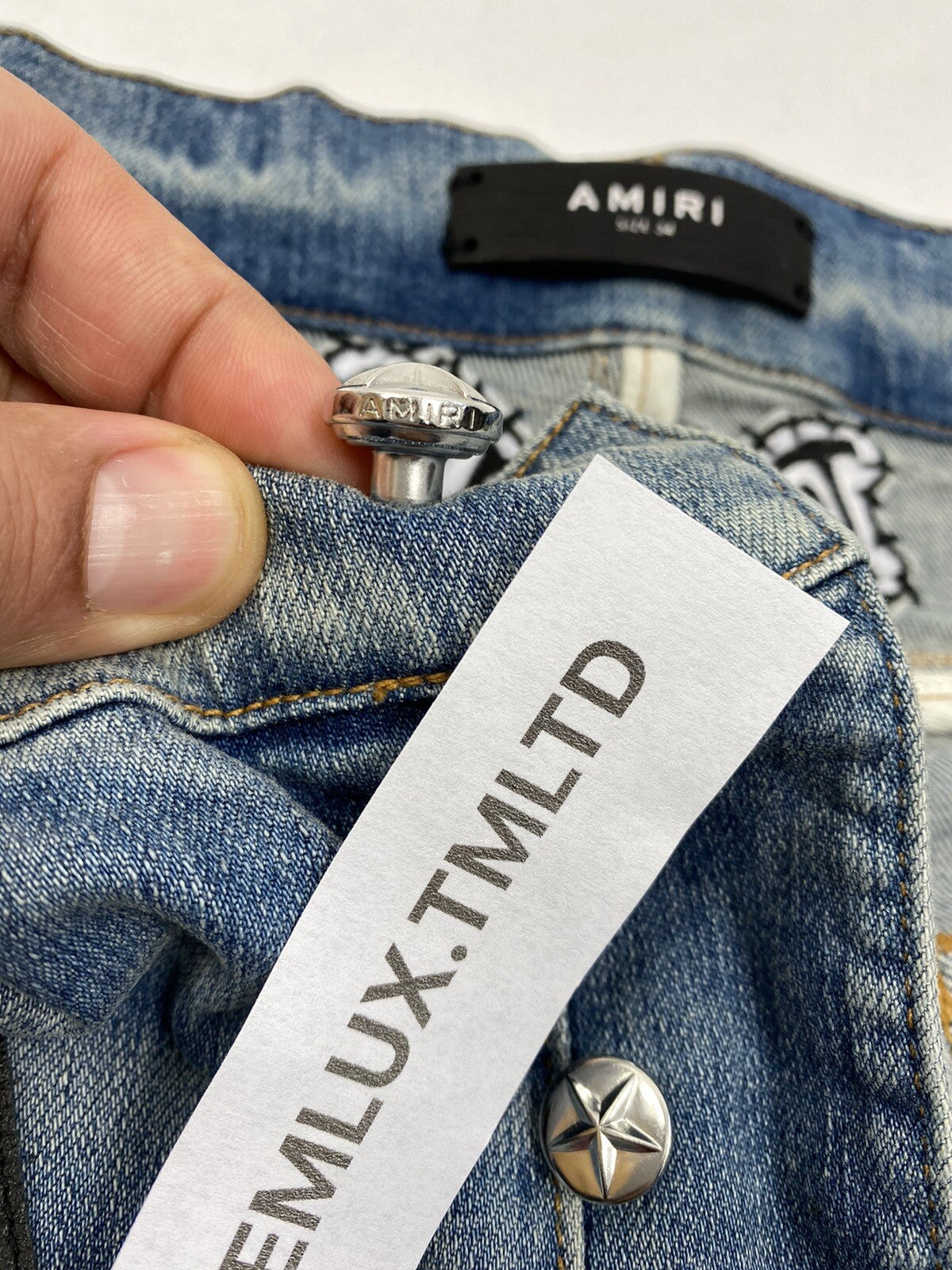 Amiri x Chemist Star Leather Appliquéd Blue Jeans, photo 6